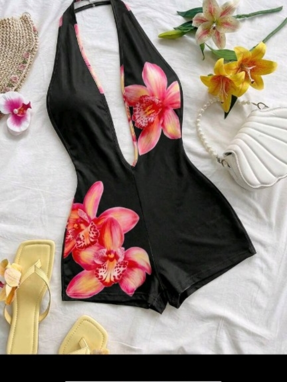 SHEIN Ladies Black Romper Shorts with Pink Floral Print Sz Sm